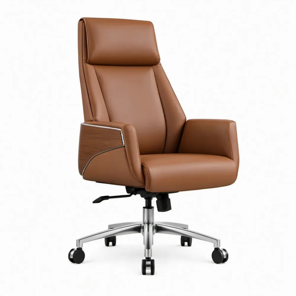 Verstelbare bureaustoel van cognacbruin PU-kunstleer met hoge rugleuning, 65 x 65 x 118-128 cm