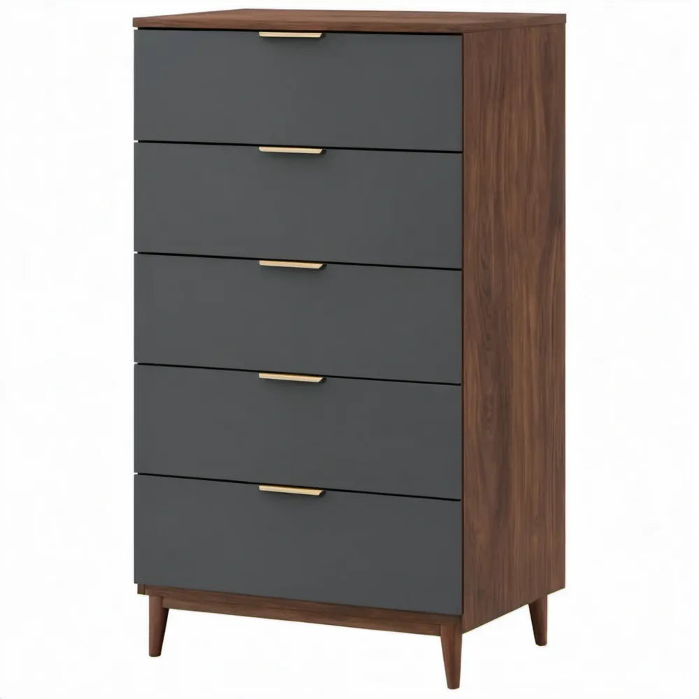 Ladekast met 5 lades 80 x 40 x 120 cm – Walnootbruin/Antraciet/Goudkleurig