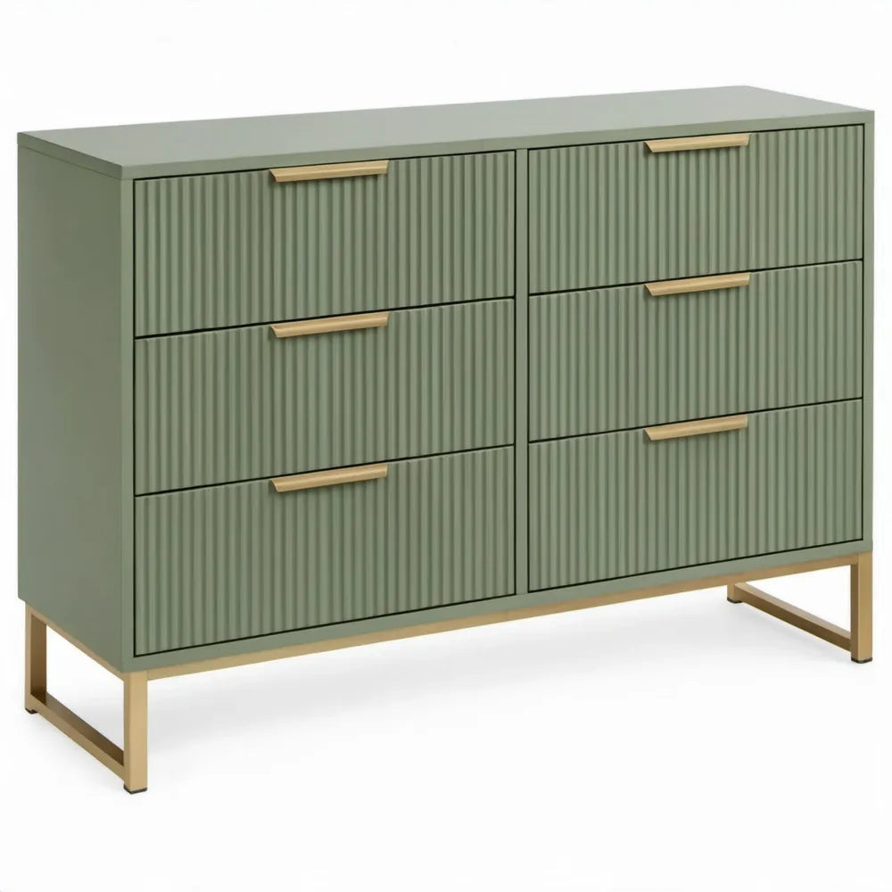 Saliegroene ladekast met 6 laden en goudkleurig onderstel, 120 x 40 x 85 cm