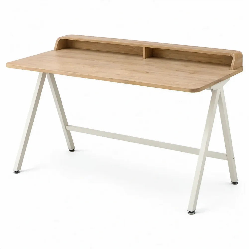 Bureau met opzetplank en 2 open vakken, 120 x 60 x 75 cm, bamboe naturel/wit staal