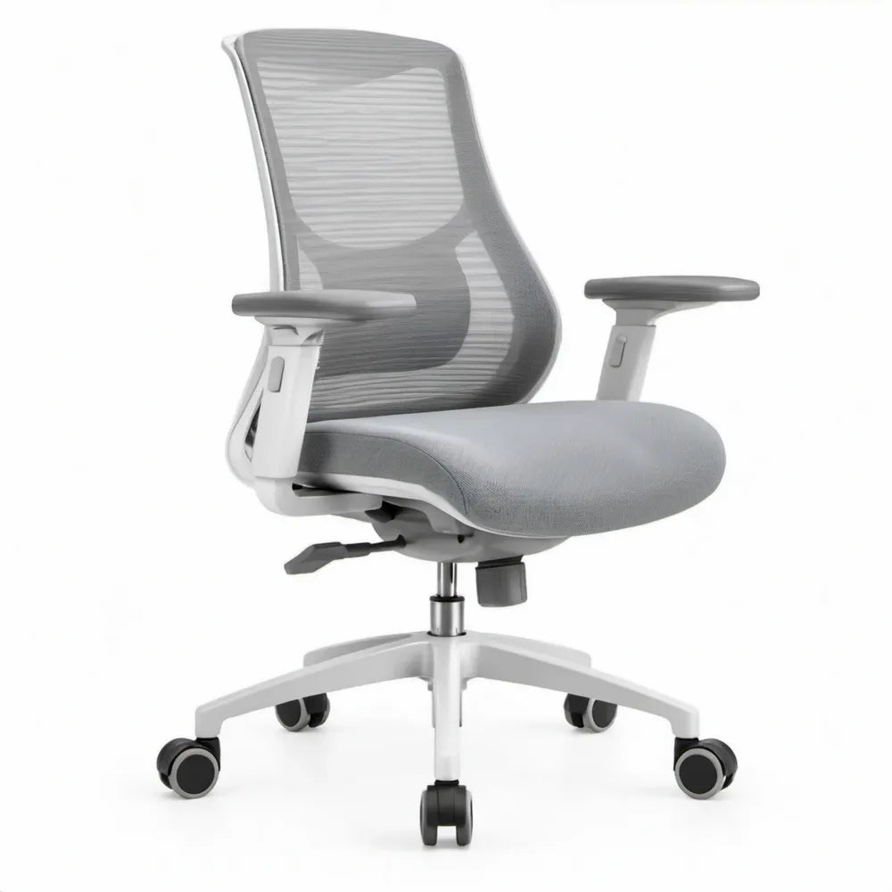 Ergonomische grijze bureaustoel met mesh rugleuning, verstelbare armleuningen en kantelfunctie, 66 x 66 x 116-126 cm