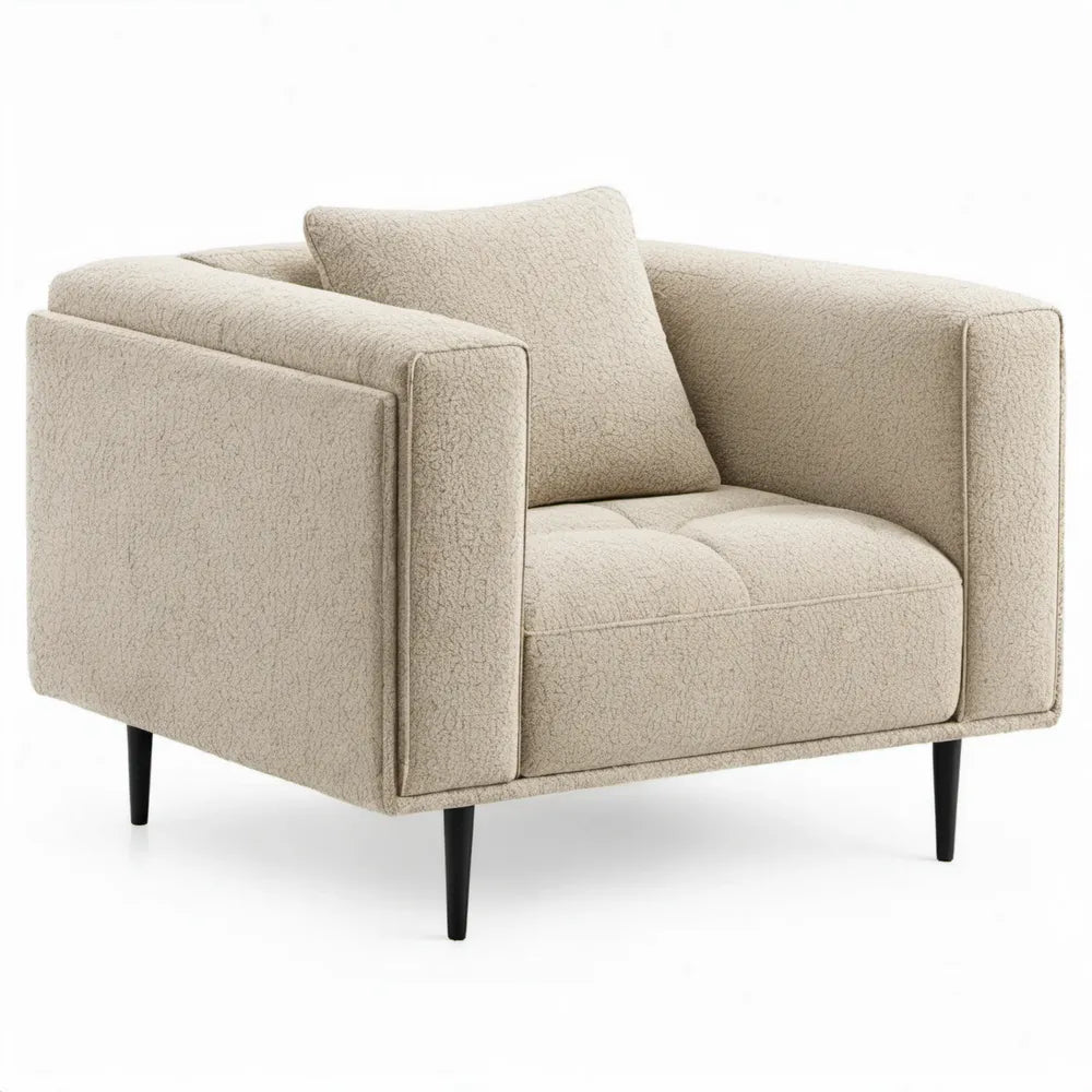 Crèmekleurige bouclé fauteuil met zwarte stalen poten, 100 x 90 x 82 cm