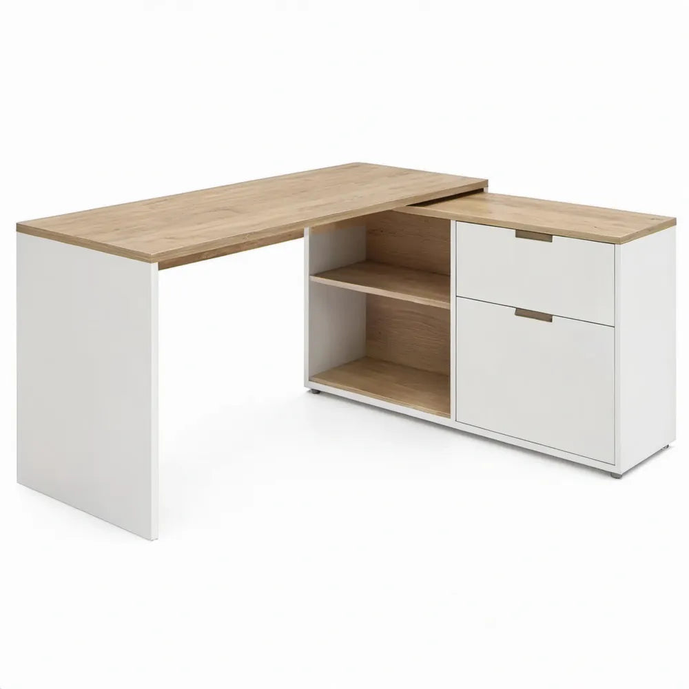 L-vormig hoekbureau met 2 lades en open opbergruimte, 140 x 120 x 75 cm, wit/eikenkleurig