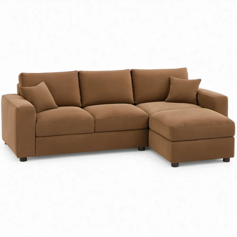 Hoekbank met chaise longue rechts, bruin polyester, 240 x 160 x 85 cm