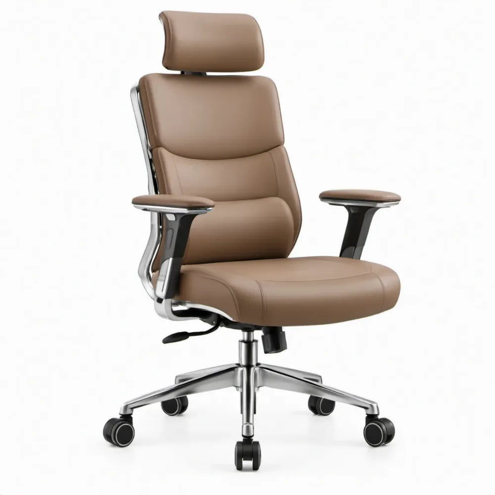 Ergonomische bureaustoel met hoofdsteun en verstelbare armleuningen, bruin, 68 x 68 x 118-128 cm