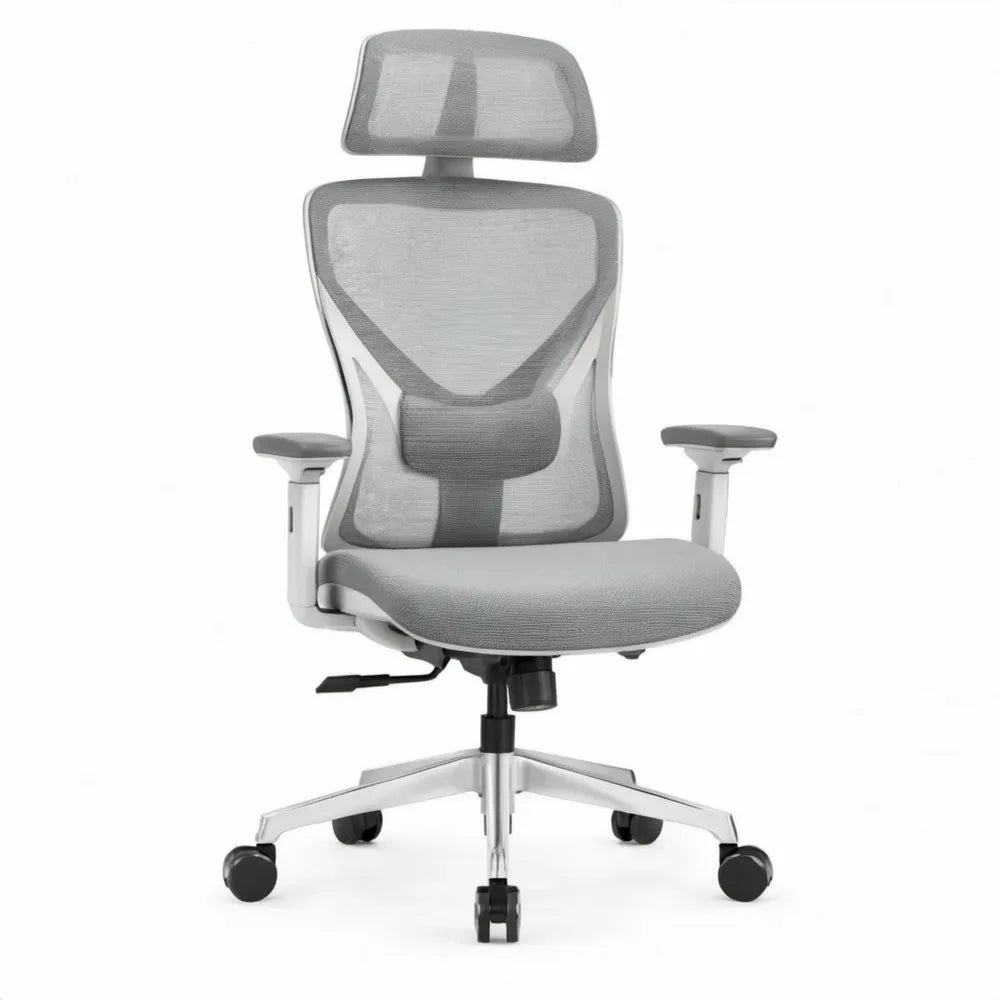 Ergonomische grijze bureaustoel met verstelbare hoofdsteun en armleuningen, 65 x 65 x 117-127 cm