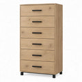 Eikenkleurige ladekast met 6 lades, zwarte stalen poten, 80 x 40 x 140 cm