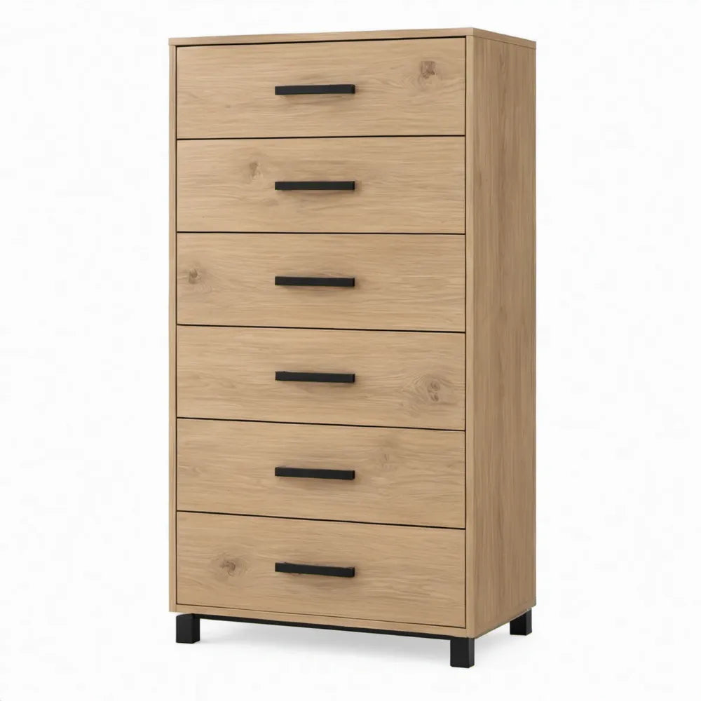 Eikenkleurige ladekast met 6 lades, zwarte stalen poten, 80 x 40 x 140 cm