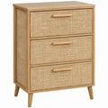 Naturel lichtbruine houten ladekast met rotan, 3 lades, 60 x 40 x 80 cm