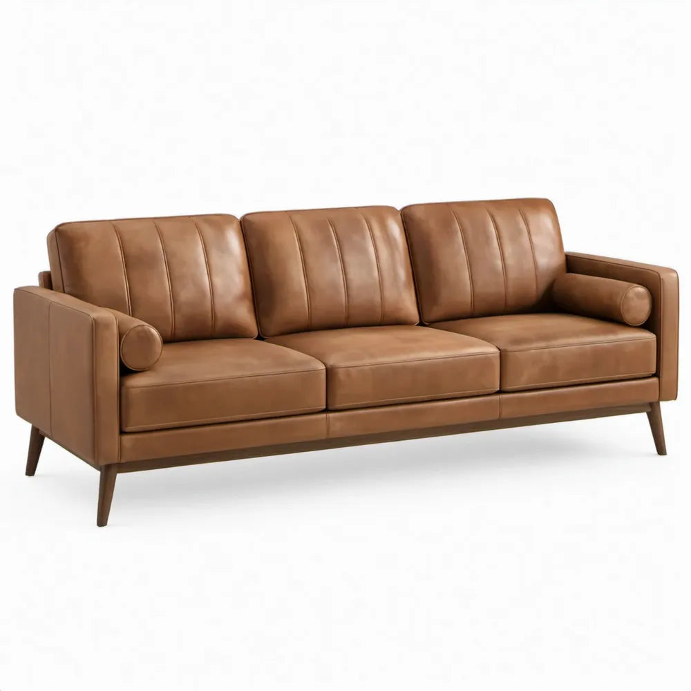 Cognacbruine bank met PU-leren bekleding, 210 x 88 x 85 cm