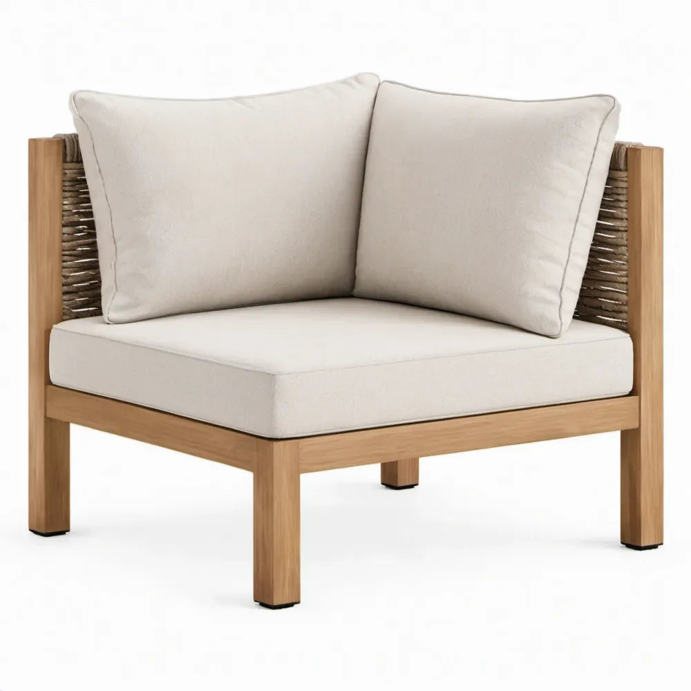 1-zits loungestoel 80 x 80 x 75 cm van acaciahout met polyester touw en crèmekleurige kussens