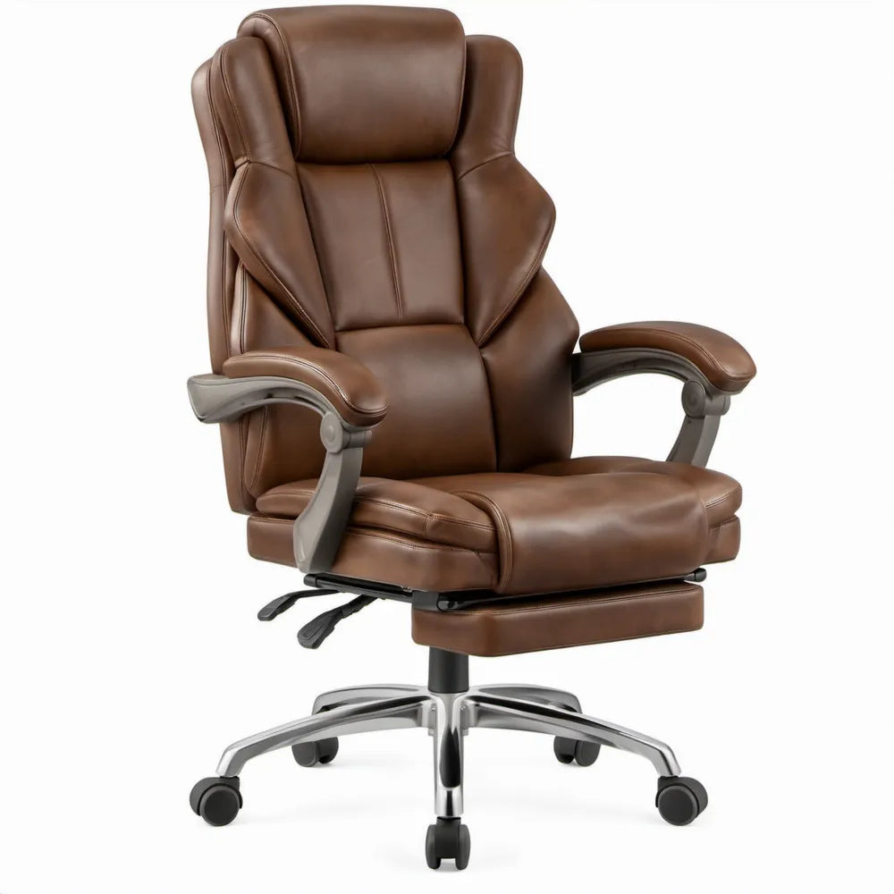 Ergonomische bureaustoel van bruin PU-kunstleer met hoge rugleuning, 70 x 72 x 118-128 cm