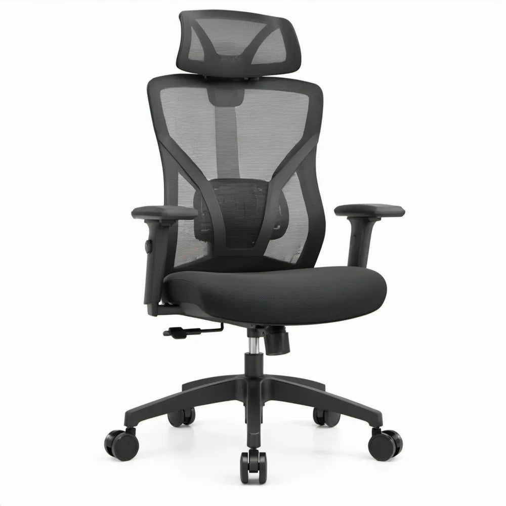 Ergonomische bureaustoel met hoofdsteun en lendensteun, zwart, 66 x 66 x 118-128 cm