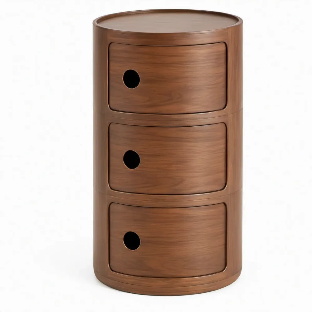 Ronde walnootbruine ladekast met 3 laden, 40 x 40 x 60 cm