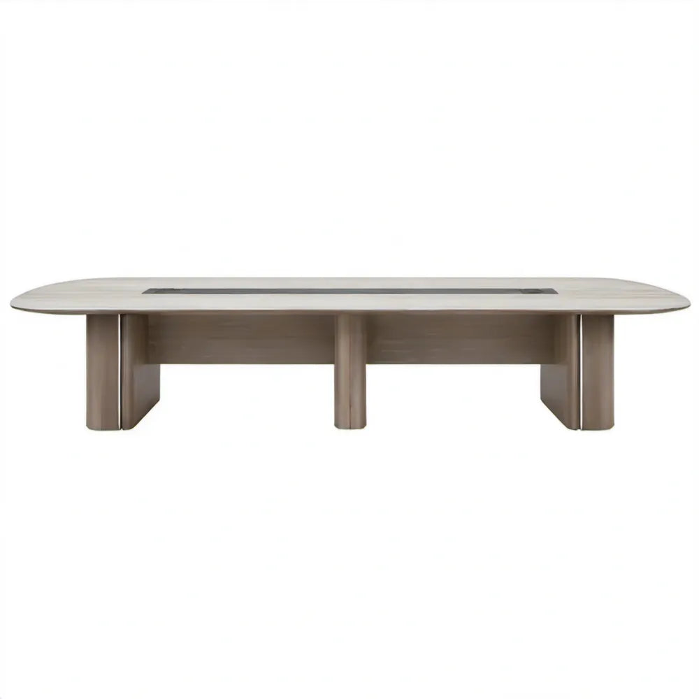 Ovale vergadertafel 240 x 100 x 75 cm licht eiken MDF met zwarte kabelgoot
