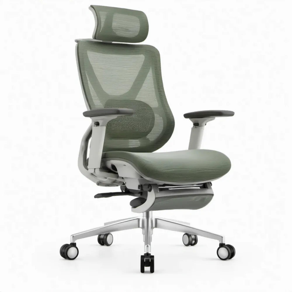 Ergonomische bureaustoel groen-grijs met hoofdsteun en verstelbare armleuningen, 65 x 65 x 118-128 cm