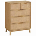 Naturelkleurige ladekast met 5 laden, rotan vlechtwerk en eikenfineer, 80 x 40 x 110 cm