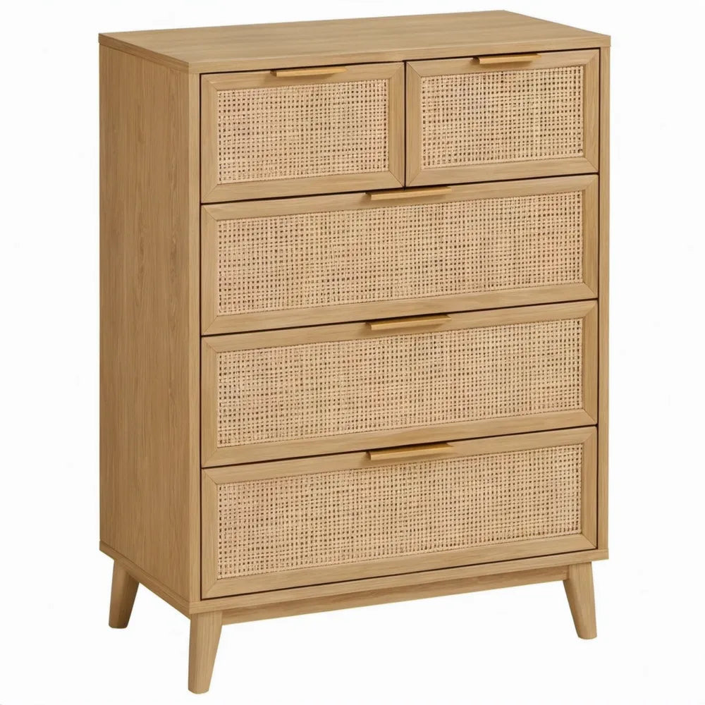Naturelkleurige ladekast met 5 laden, rotan vlechtwerk en eikenfineer, 80 x 40 x 110 cm