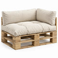 Hoekelement van grenenhout met beige polyester kussens, 110 x 110 x 80 cm