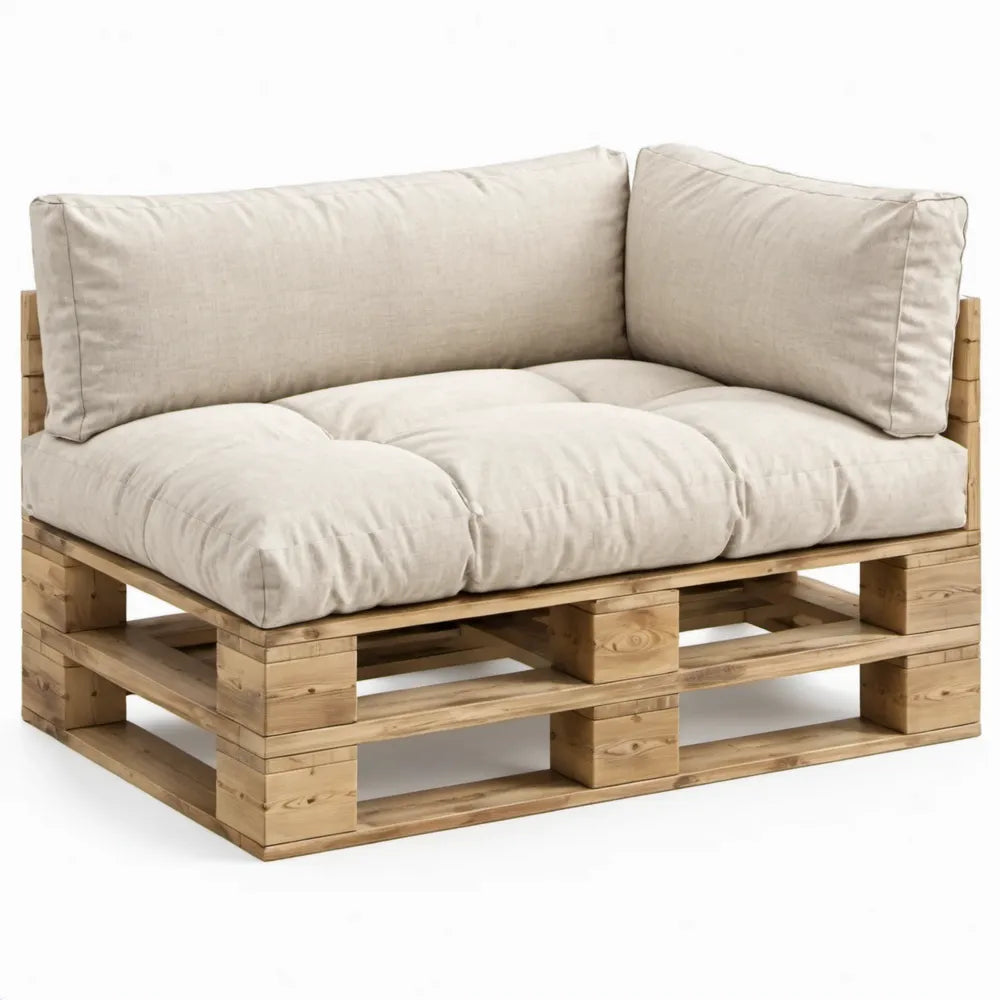 Hoekelement van grenenhout met beige polyester kussens, 110 x 110 x 80 cm