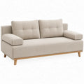 Beige 2-zitsbank met lichtbruine houten poten, 160 x 85 x 85 cm