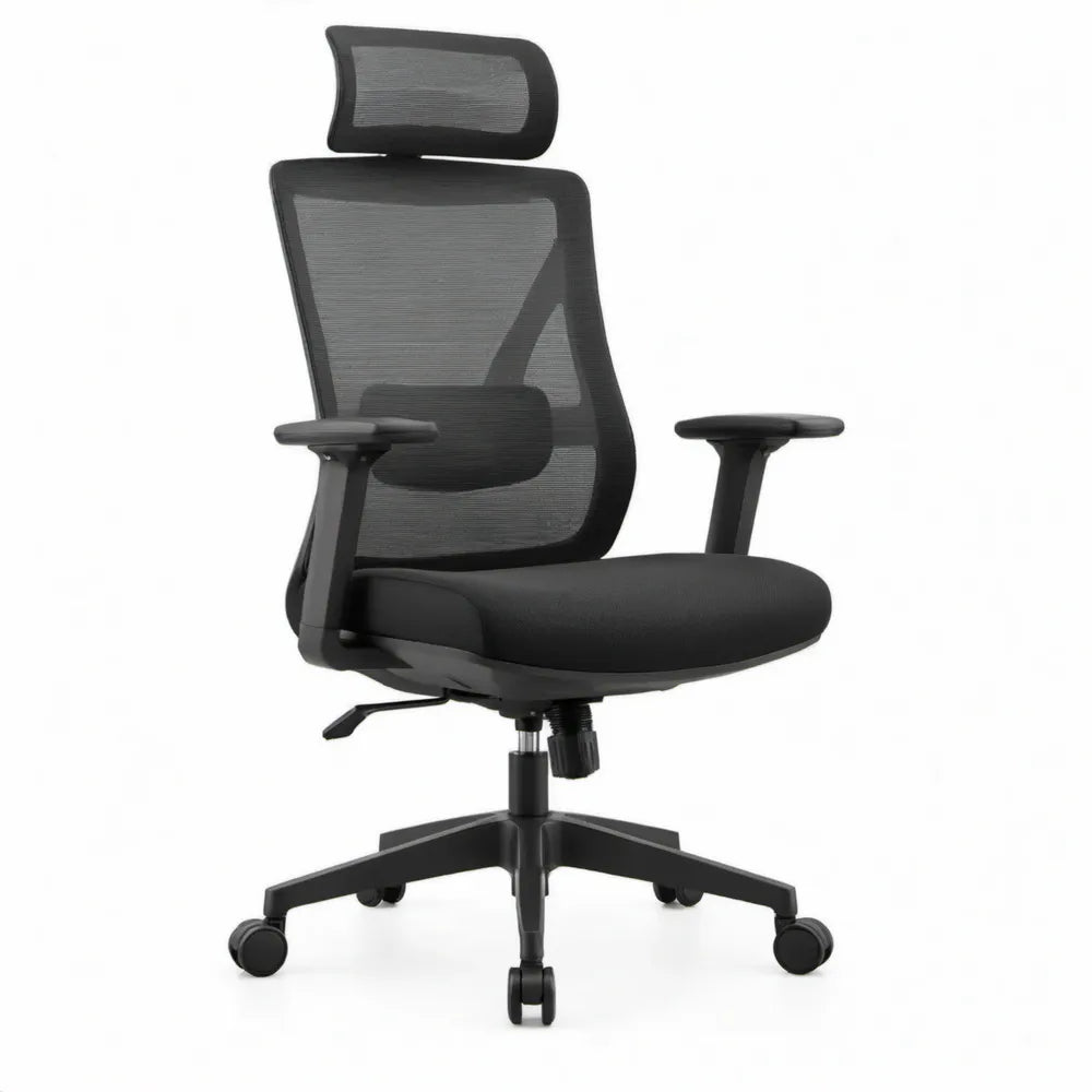 Ergonomische bureaustoel zwart met hoofdsteun en lendensteun, 64 x 64 x 118-128 cm
