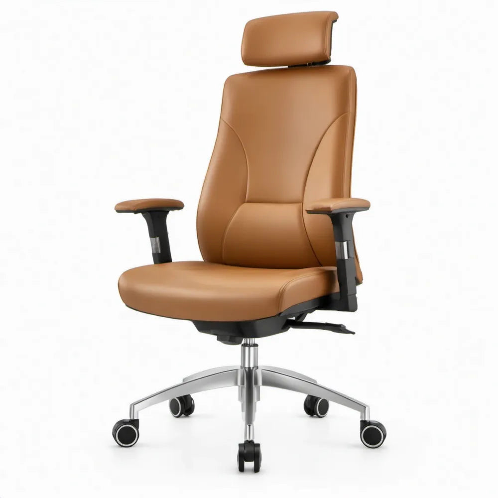 Ergonomische bureaustoel cognacbruin PU-kunstleer met hoofdsteun en verstelbare armleuningen, 68 x 68 x 118-128 cm